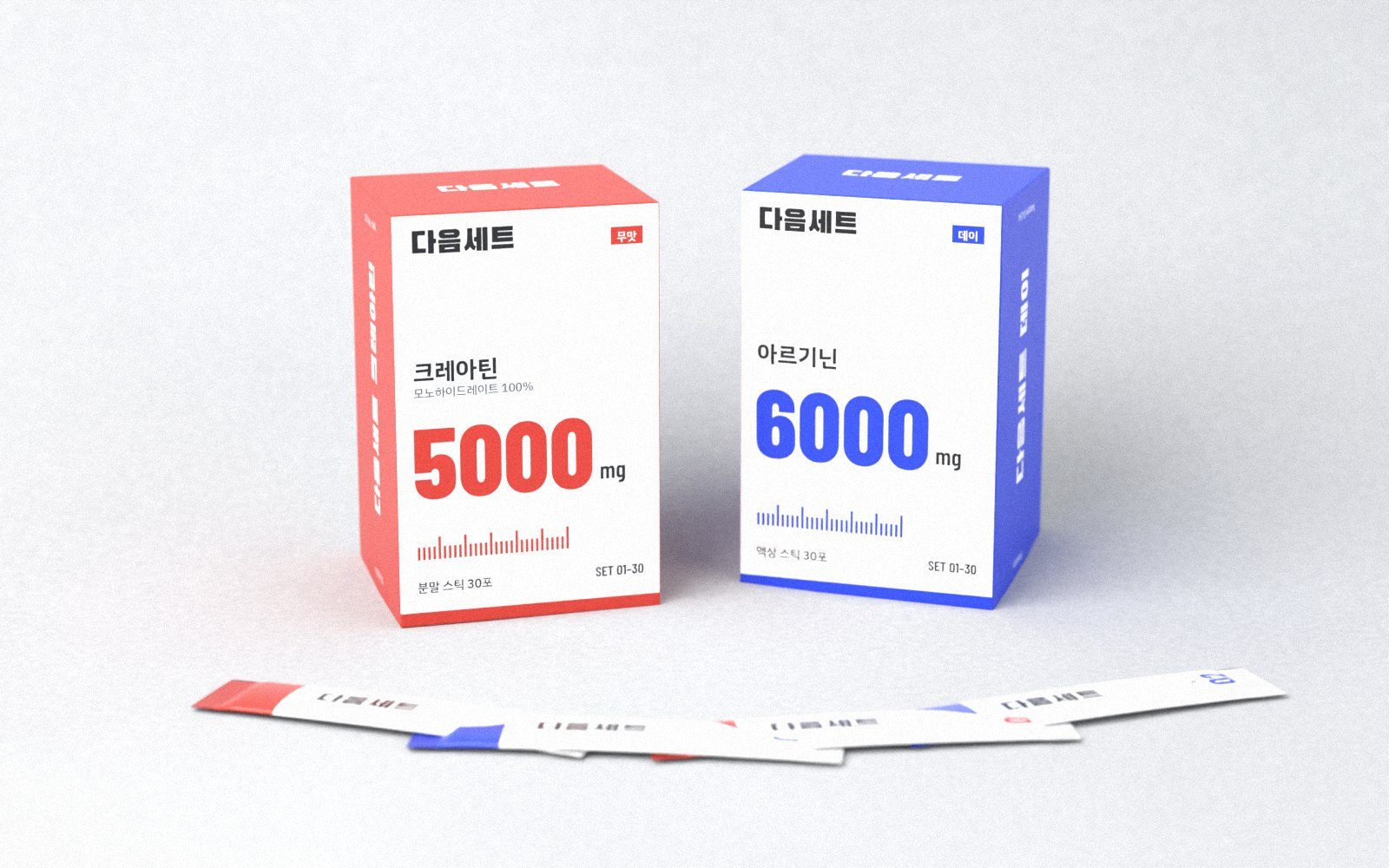 다음세트 크레아틴과 아르기닌 박스, 앞에 놓인 빨간·파란 스틱